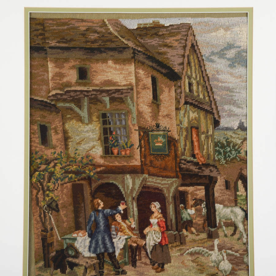 Framed "Village Life, Stitched in Time" Needlepoint Artwork-2