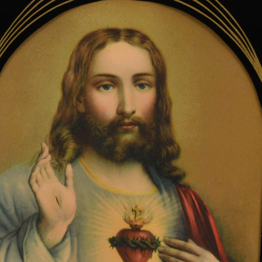 Pair Art Deco Framed Portraits of Jesus and Mary-5