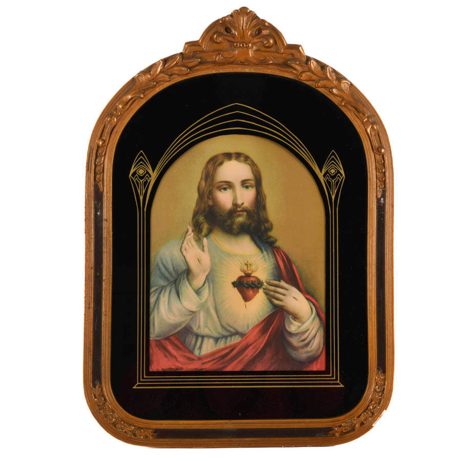 Pair Art Deco Framed Portraits of Jesus and Mary-4