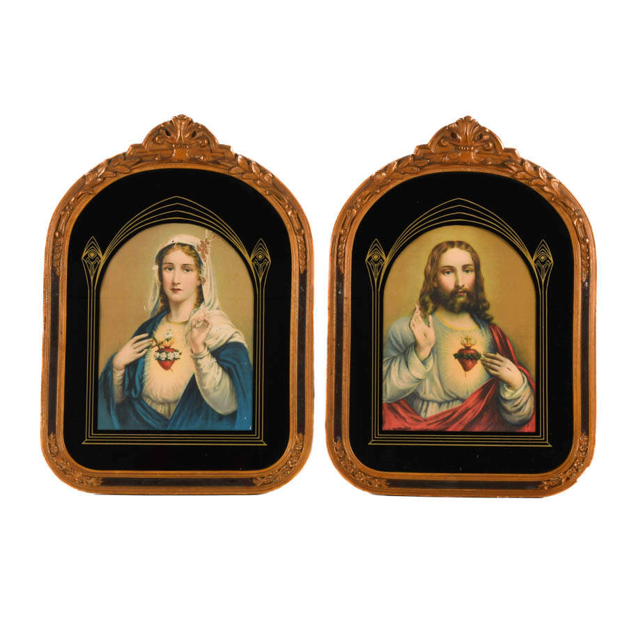 Pair Art Deco Framed Portraits of Jesus and Mary-1