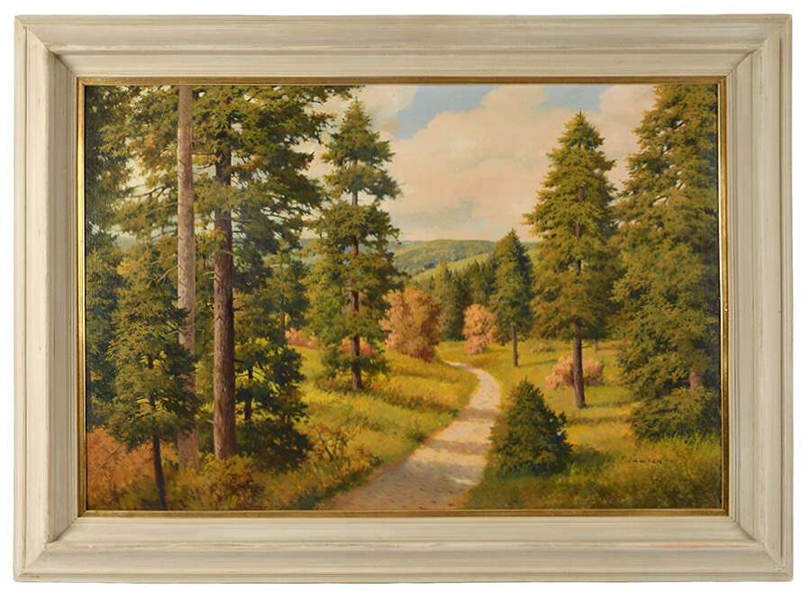 Framed Signed Pine Landscape Oil on Canvas Attributed to Fritz Saliger-1