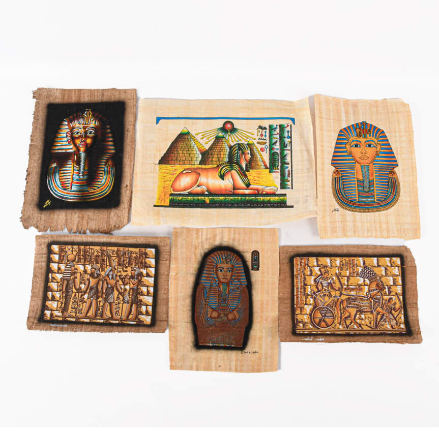 Set of Six Egyptian Papyrus Paintings: Faces of King Tut-1
