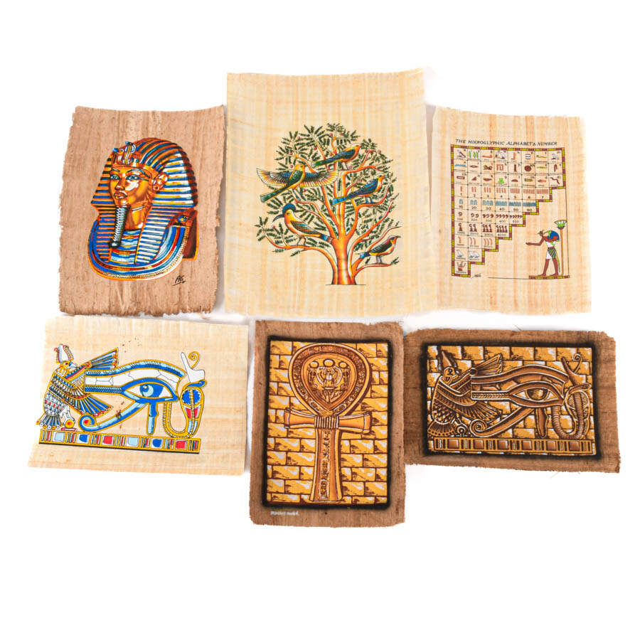 Set of Six Egyptian Papyrus Paintings: Symbols of Egypt-1