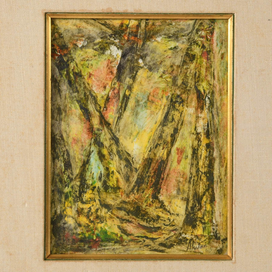 Framed J. Akston "Golden Forest" Enamel and Paper Painting-2