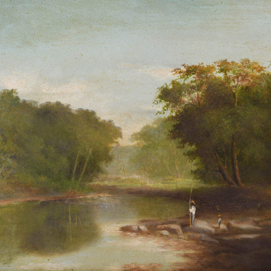 Framed Painting of a Man and Boy Fishing Landscape-2