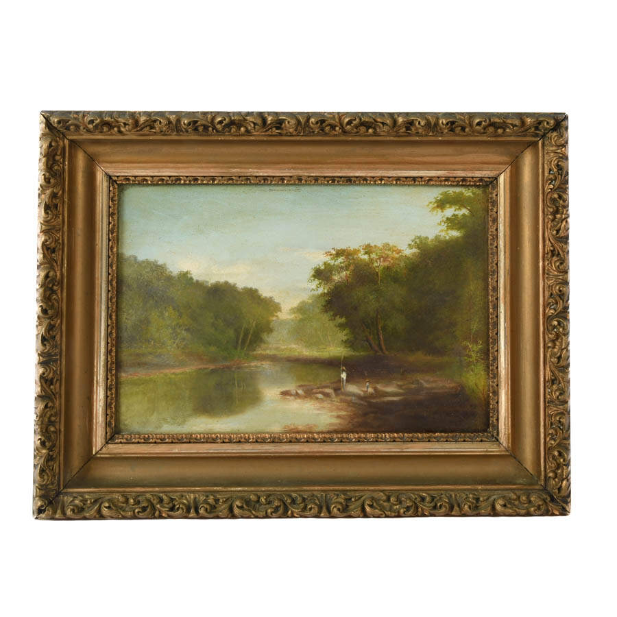 Framed Painting of a Man and Boy Fishing Landscape-1