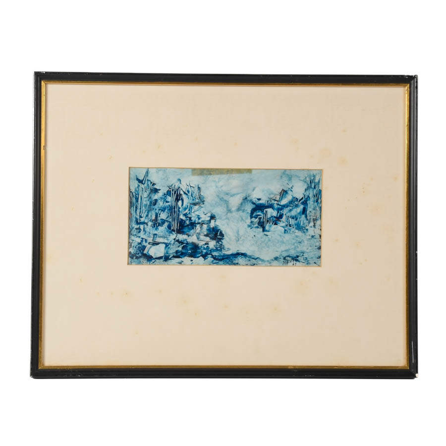 Framed J. Akston Blue Composition 1967 Enamel on Paper-1
