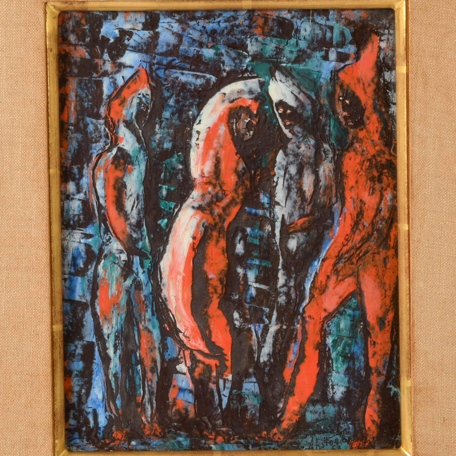 Framed J. Akston "Conspiracy" Oil on Paper-2