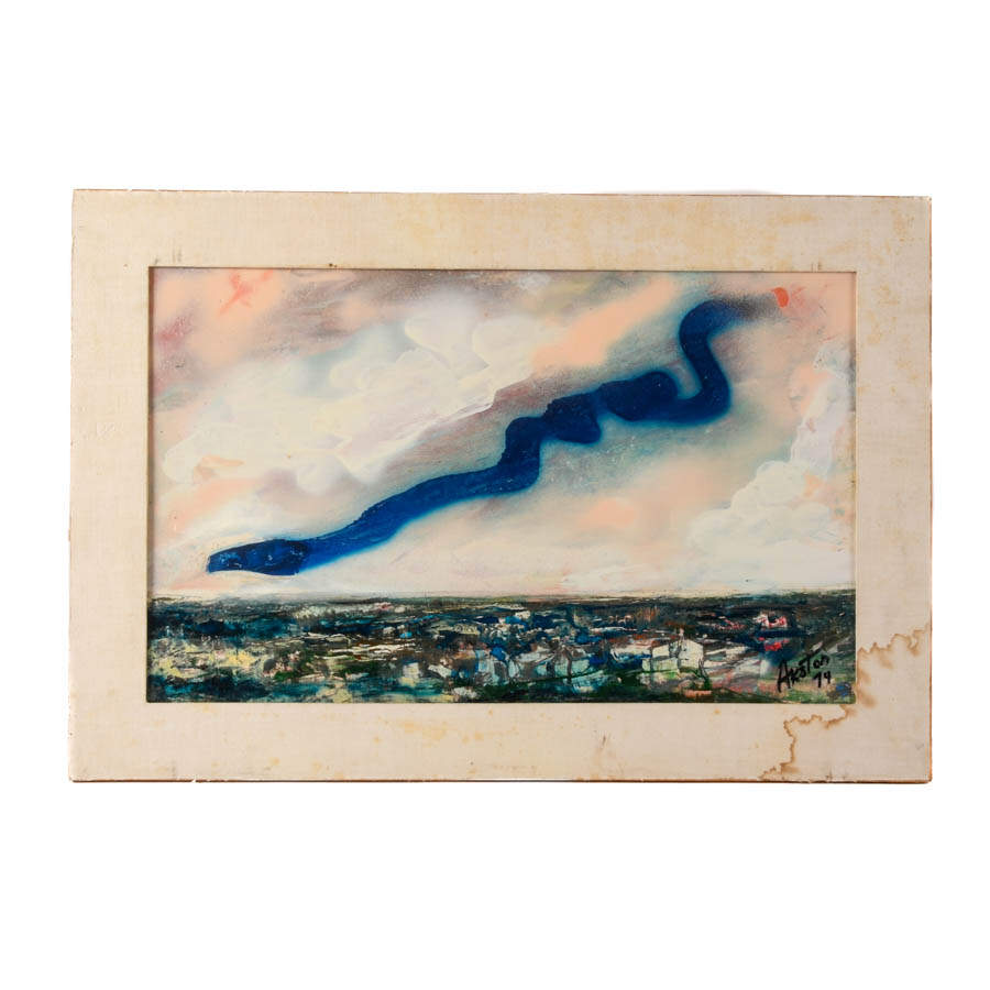 Framed J. Akston "Blue Dragon" Oil on Cardboard-1