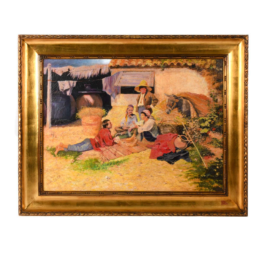 Framed Signed Juan Antonio Benllure "Los Hombrecitos" Oil on Canvas-1