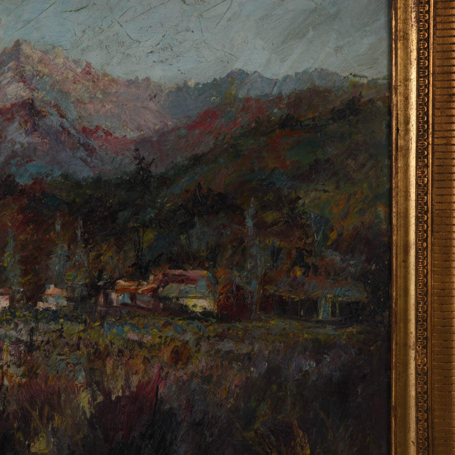 Framed Signed Nestled Town Mountain Landscape Oil on Canvas-4