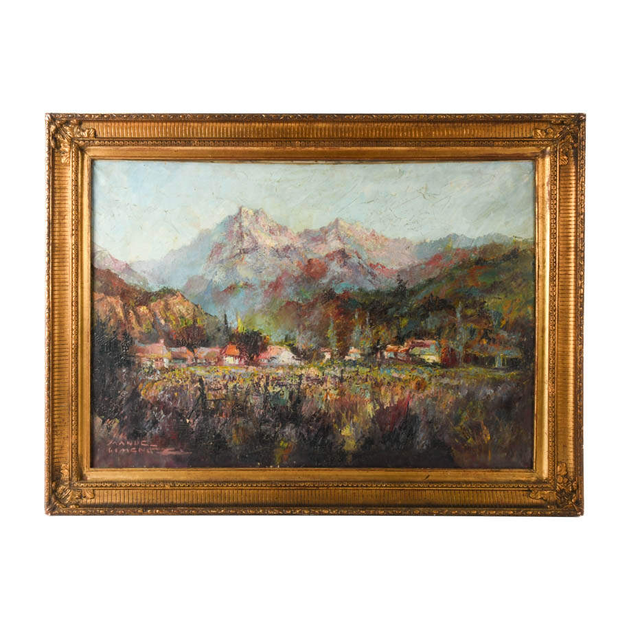 Framed Signed Nestled Town Mountain Landscape Oil on Canvas-1