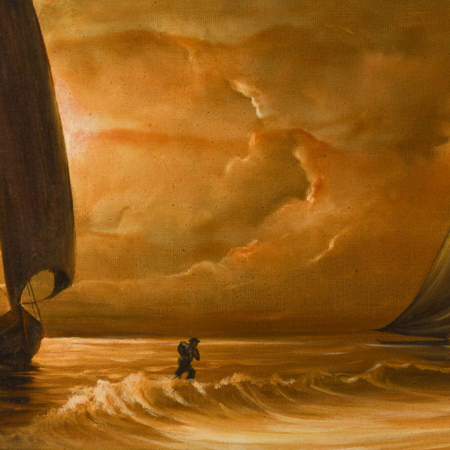 Framed Signed Sailboats at Shore Oil on Canvas-3