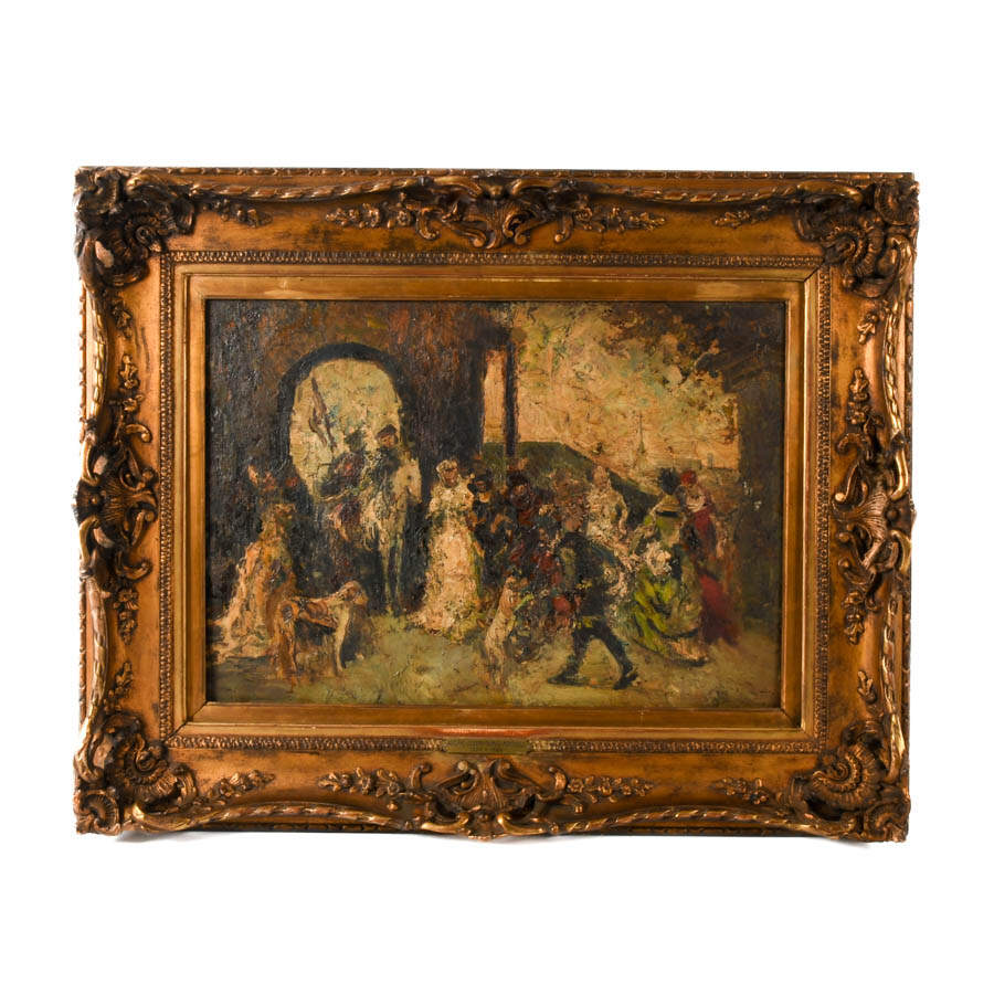 Framed Courtly Gathering Oil on Board Attributed to Adolphe Monticelli-1