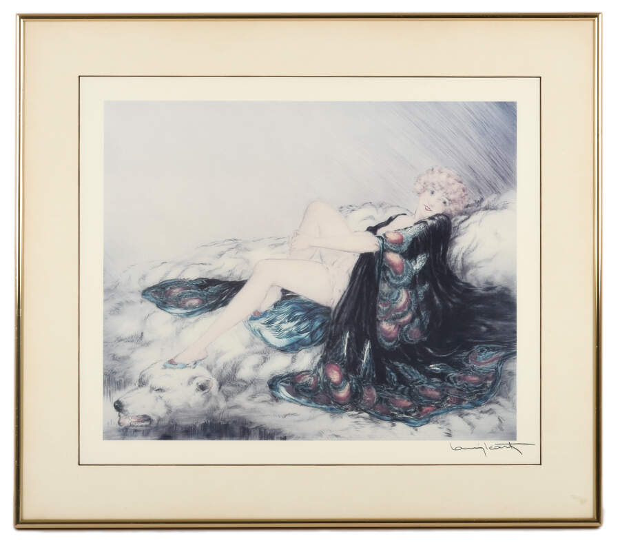 Framed Louis Icart Woman on Bearskin Rug Print-1