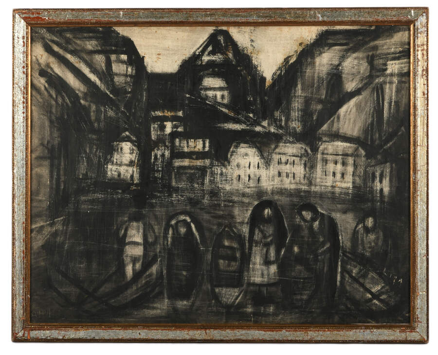 Framed Signed Shadows of the Village Charcoal Paper-1