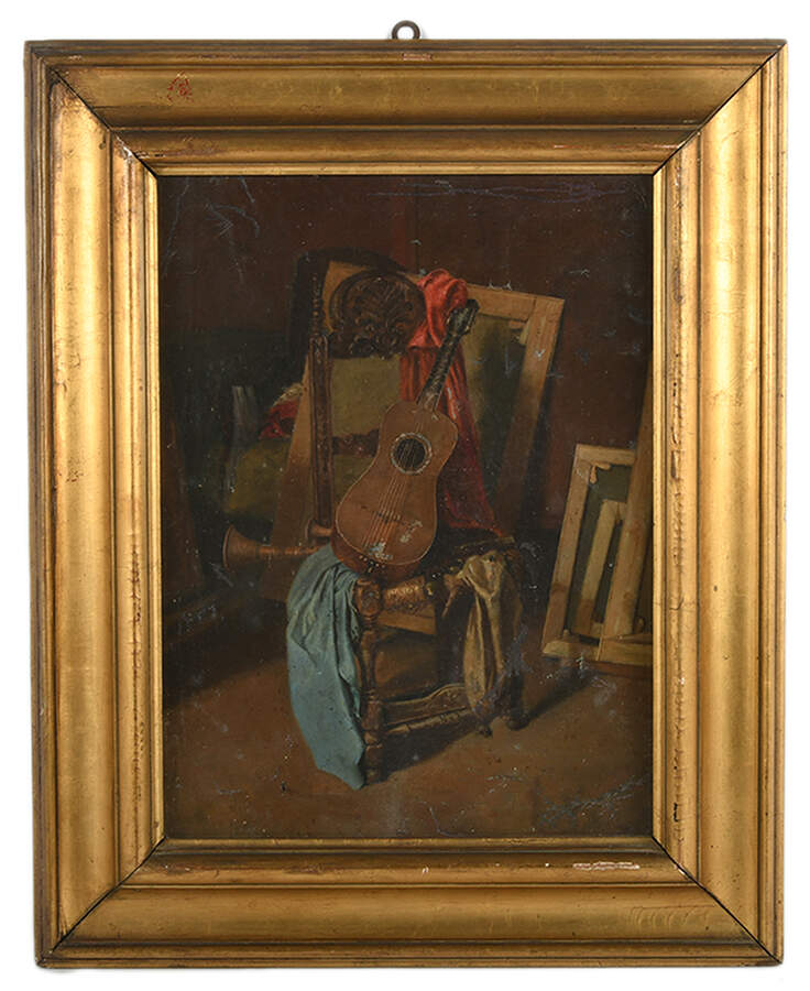 Framed "Still Life with Guitar" Oil on Canvas on Board-1