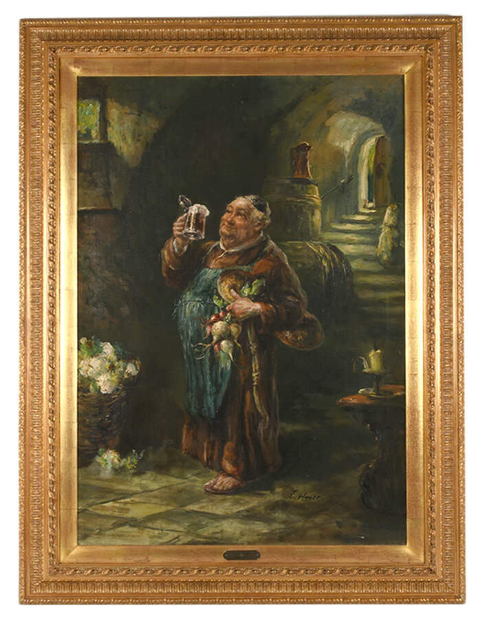 Framed Signed Ernst Huber "Cellar Scene" Oil on Canvas-1