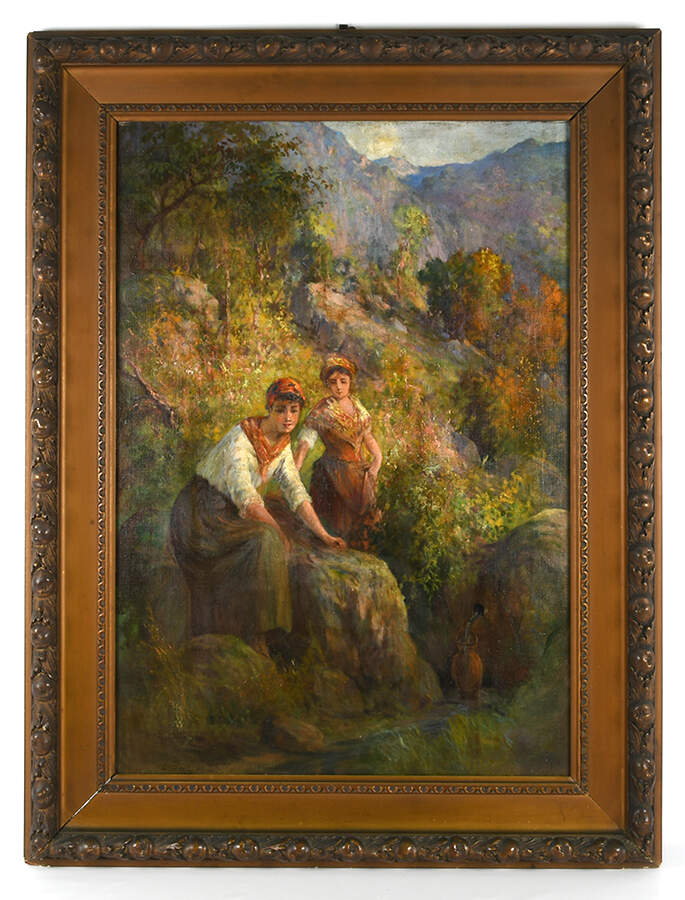 Antique Framed Signed "Water Gathering" Oil on Canvas-1