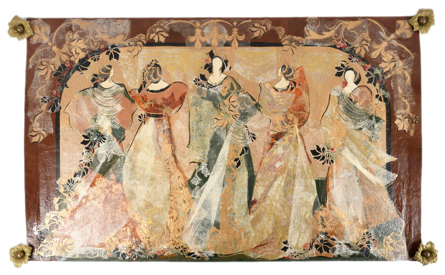 Signed Bonny Hawley Five Women Hanging Tapestry Painting-1