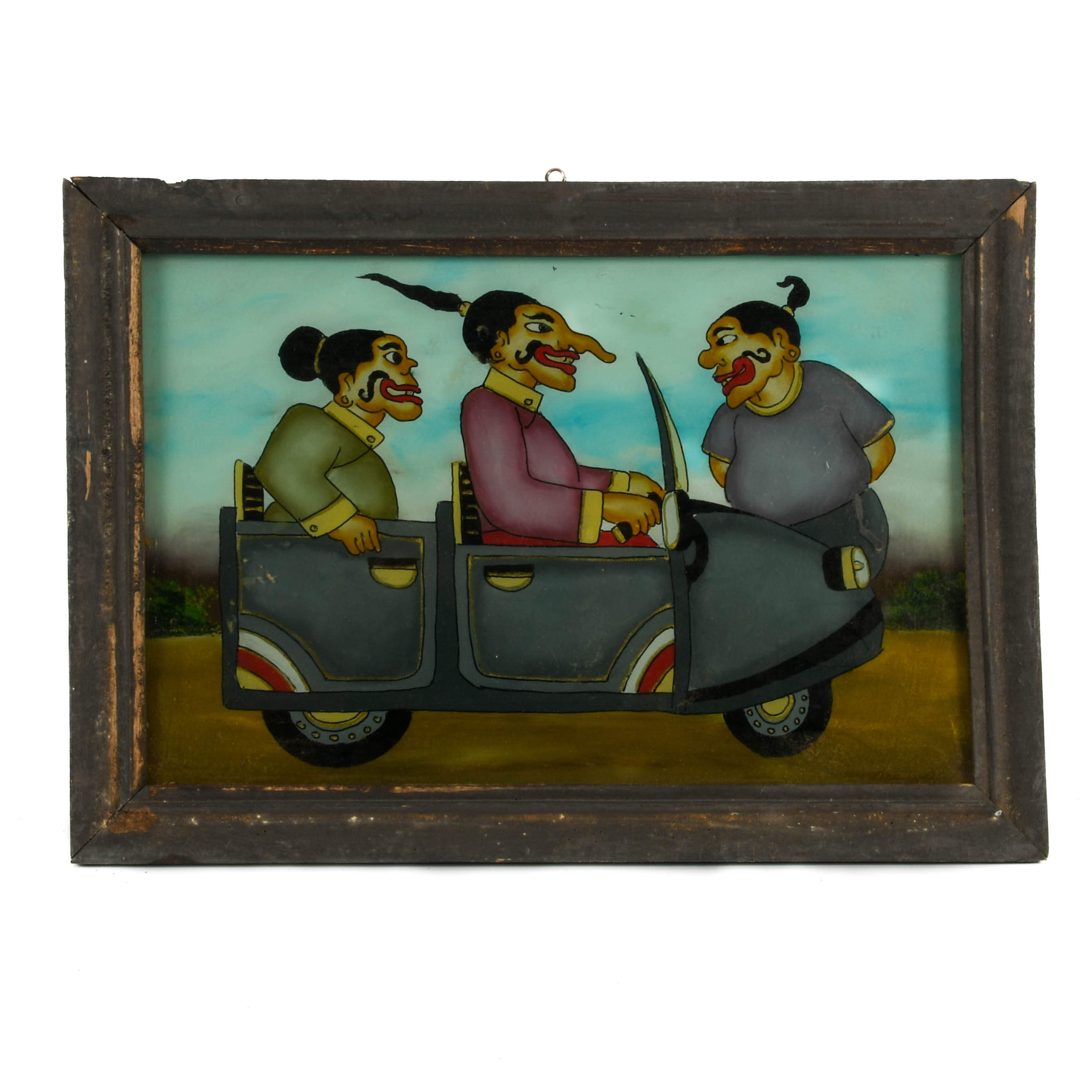 Framed Punakawan Reverse Glass Petruk, Gareng and Bajong Riding In A Car-1