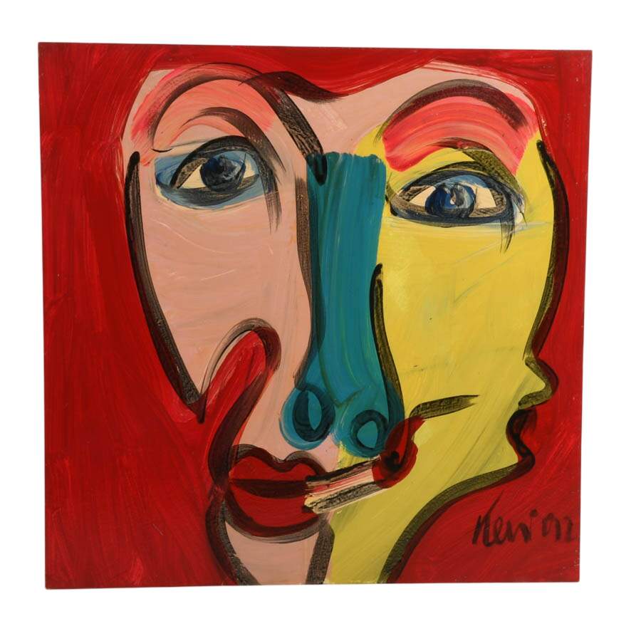 Signed Peter Keil "Untitled" Dual-Faced Portrait Mix Media on Masonite-1