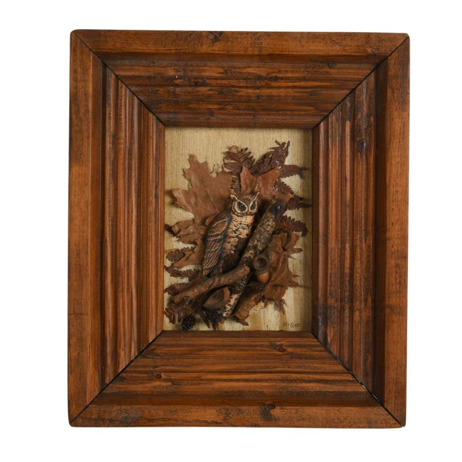 Framed Signed McGee Hand-Made Owl Nature Scene Artwork-1