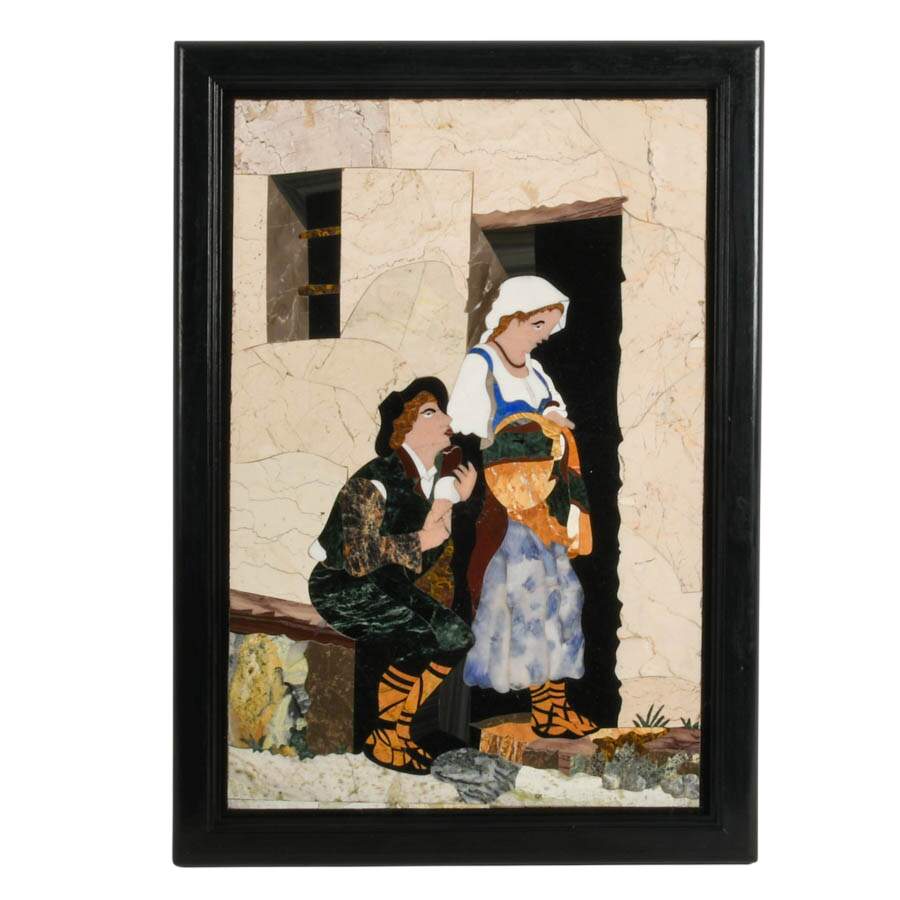 Framed Pietra Dura Courting Couple Stone Artwork-1