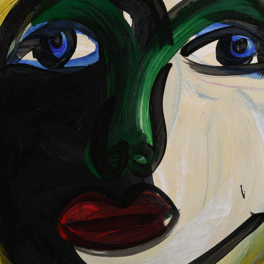 Signed Peter Keil Abstract Green and Black Mixed Media Portrait on Masonite-2