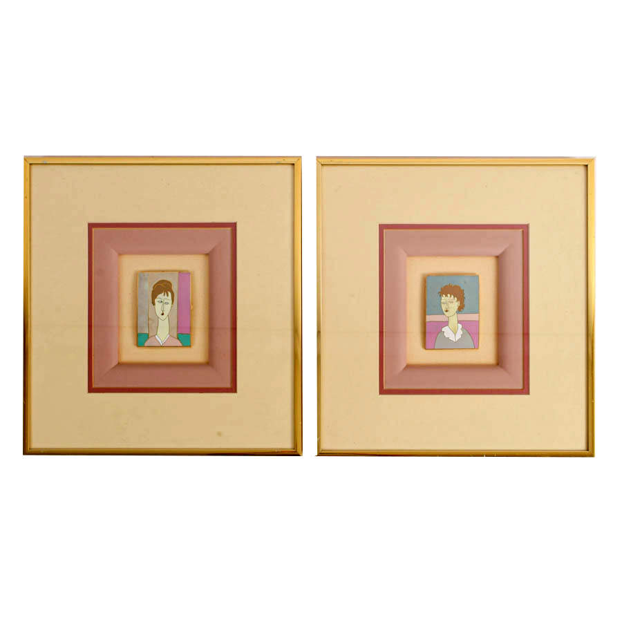 Pair of Framed Mid-Century Ceramic Tile Portraits by Harris G. Strong-1