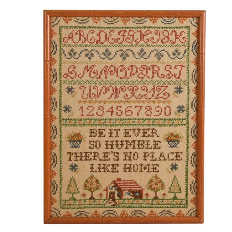 Framed Vintage Needlepoint Cross-Stitch Sampler-1