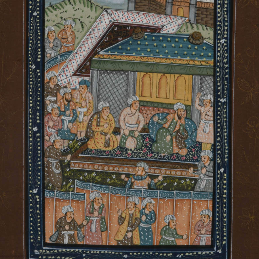 Framed Mughal Miniature Gouache on Silk Canvas-2