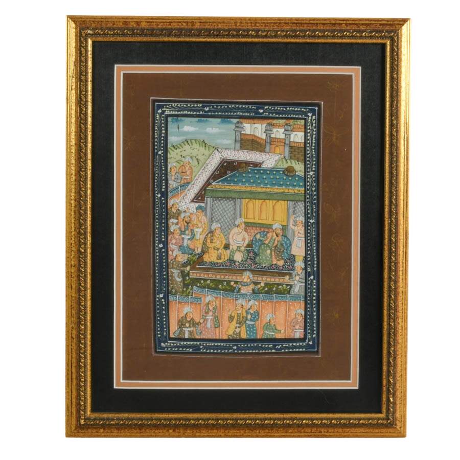 Framed Mughal Miniature Gouache on Silk Canvas-1