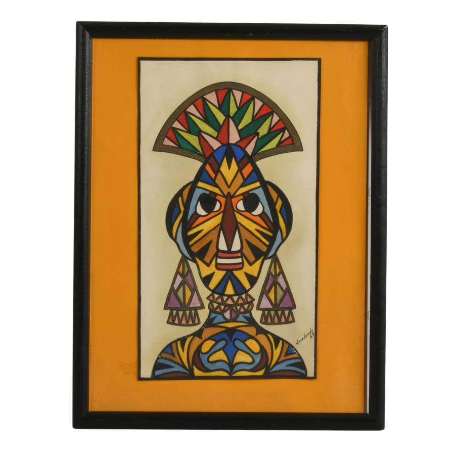 Afrocentric Face Mask Portrait Mixed-Media on Paper Signed Arredondo '69-1