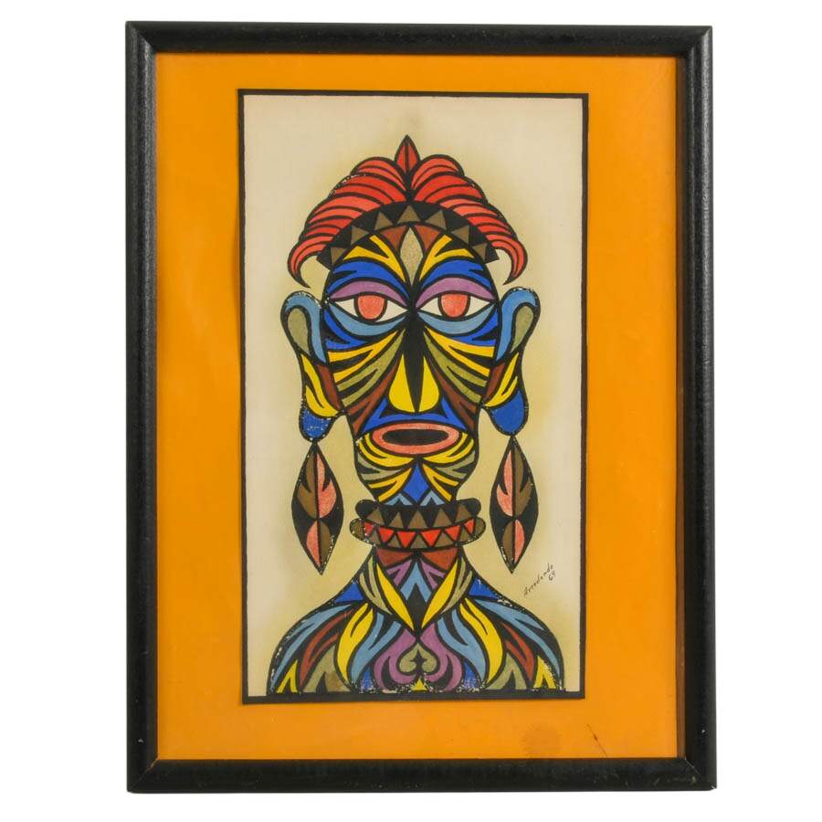 Framed Afrocentric Portrait Mixed-Media on Paper Signed Arredondo '69-1