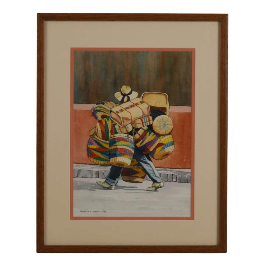 Framed Signed Joanne Lithgow Vendedor de Canastas Mixed-Media Painting-1