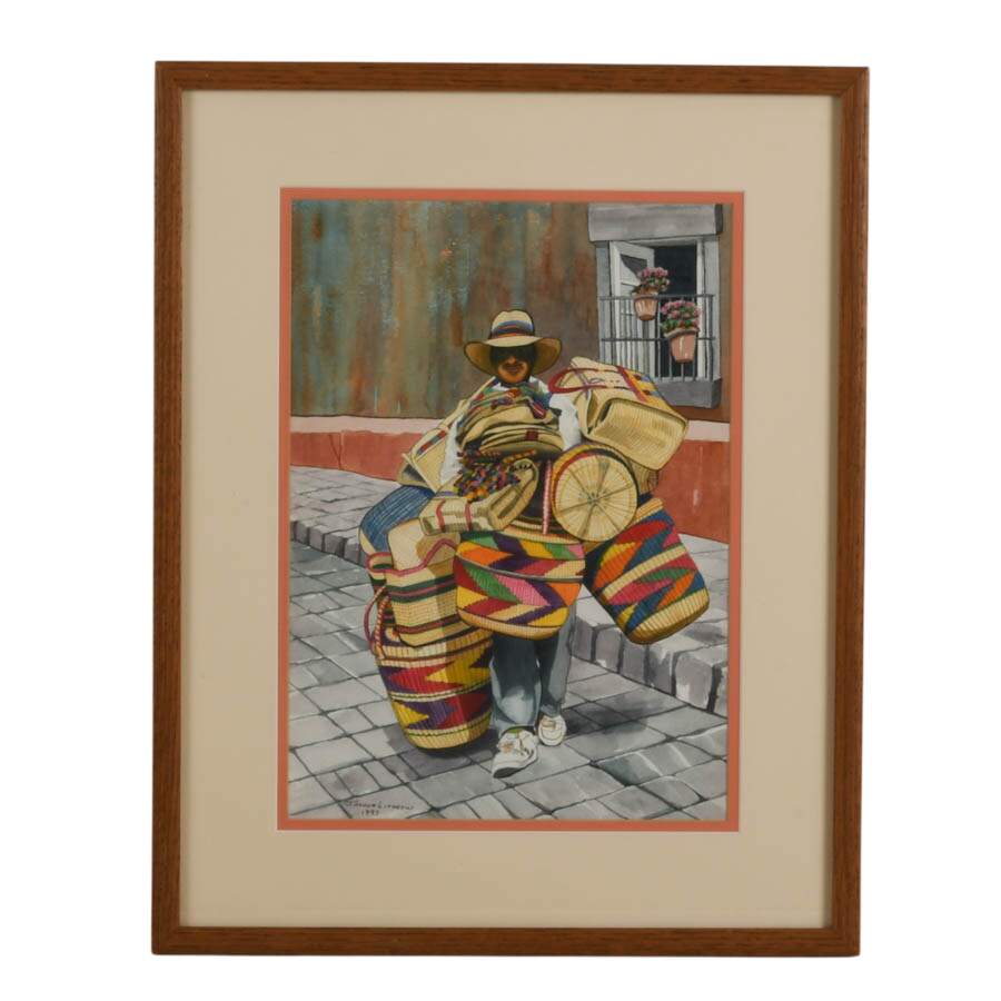 Signed Joanne Lithgow Vendedor de Canastas San Miguel Allende Mixed-Media-1
