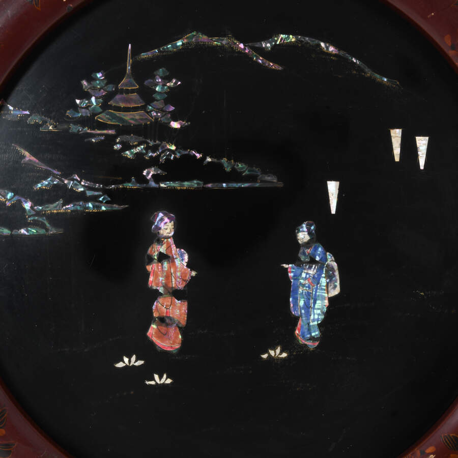 Pair of Chinese Lacquer and Mother of Pearl Round Wall Plaques-3