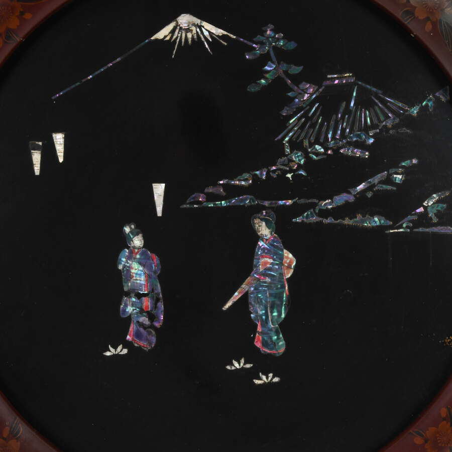 Pair of Chinese Lacquer and Mother of Pearl Round Wall Plaques-2