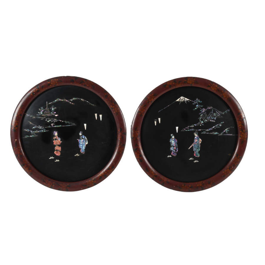 Pair of Chinese Lacquer and Mother of Pearl Round Wall Plaques-1