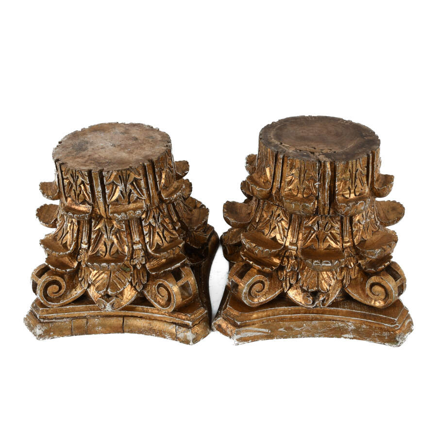 Pair Architectural Wood Carved Gold and White Corinthian Tops-2