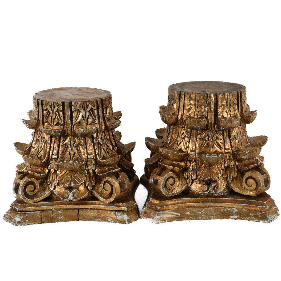 Pair Architectural Wood Carved Gold and White Corinthian Tops-1