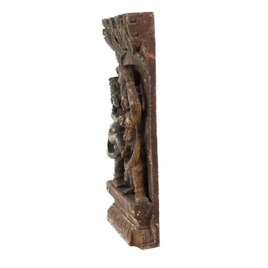 Antique Indian Polychrome Carved Wood Relief Panel of Krishna and Radha-5