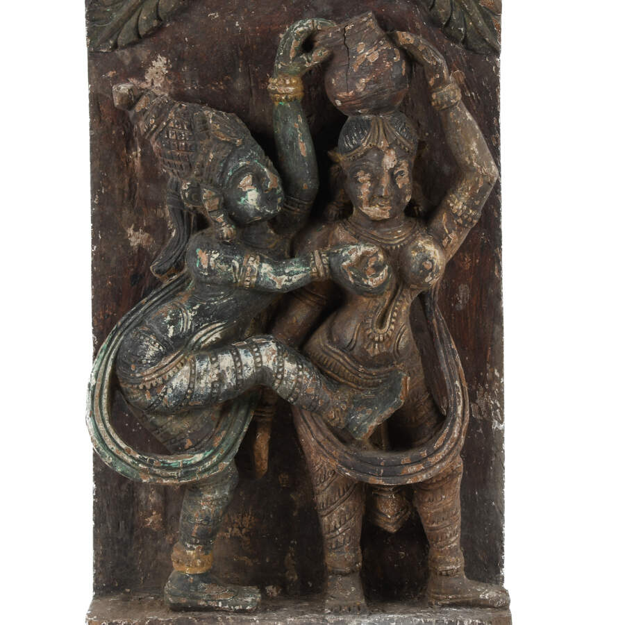 Antique Indian Polychrome Carved Wood Relief Panel of Krishna and Radha-2