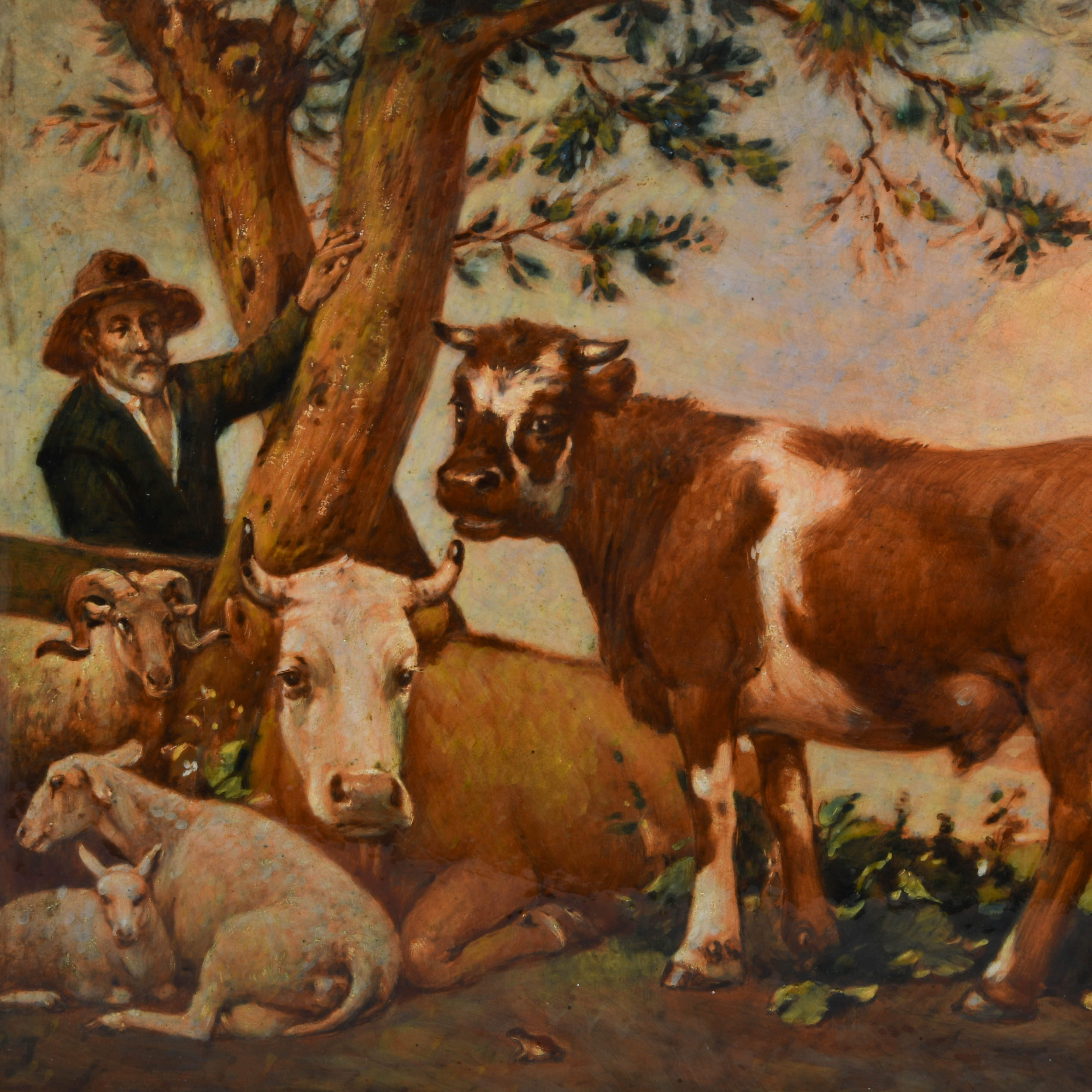 Oversized Gouda Tile Landscape Depicting Man and Cows-2