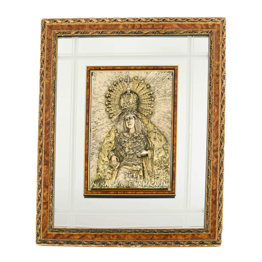 Framed Mirror and Wood Holy Mother Sculpture-1