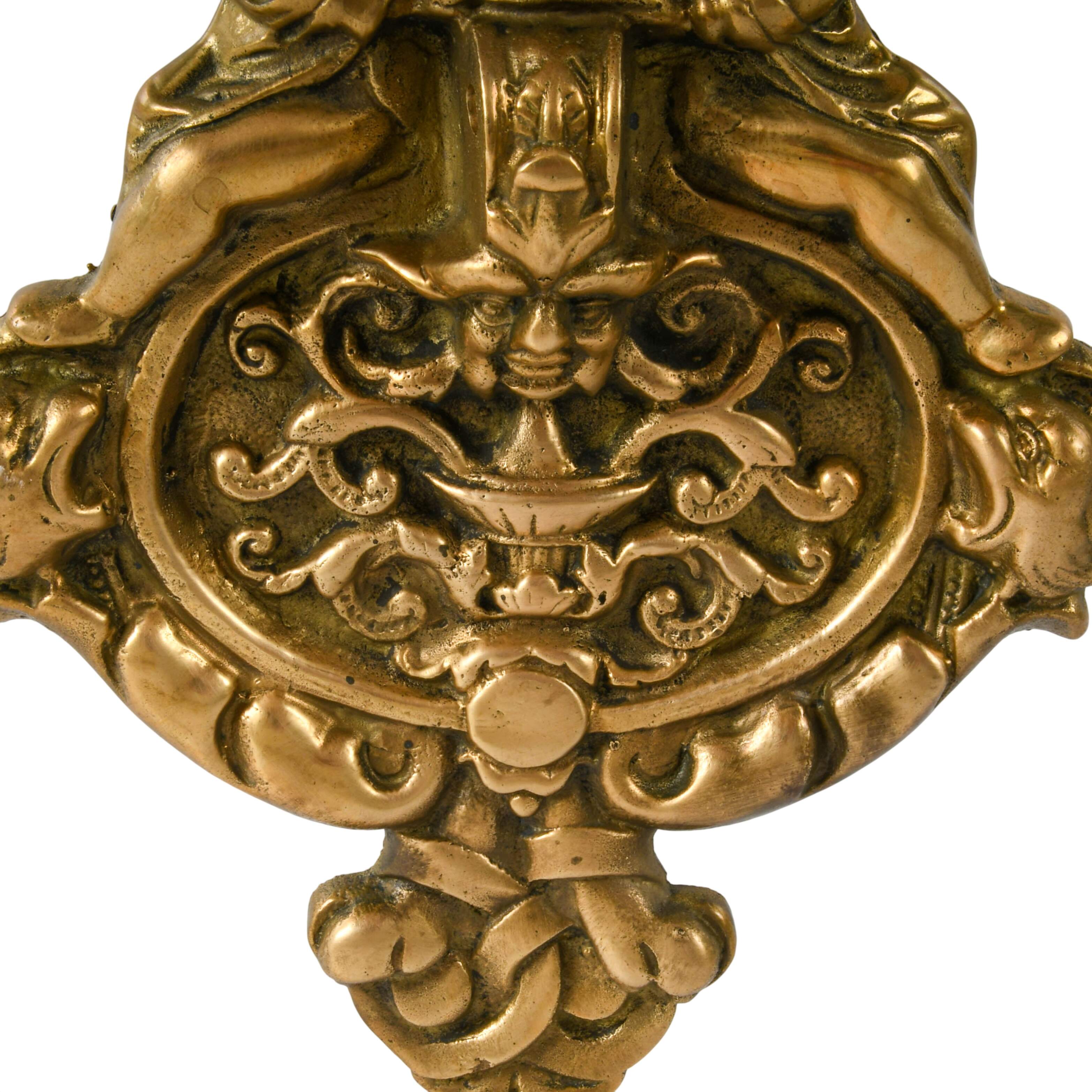 French Empire-Style Brass Putti and Green Man Door Knocker Plate-2