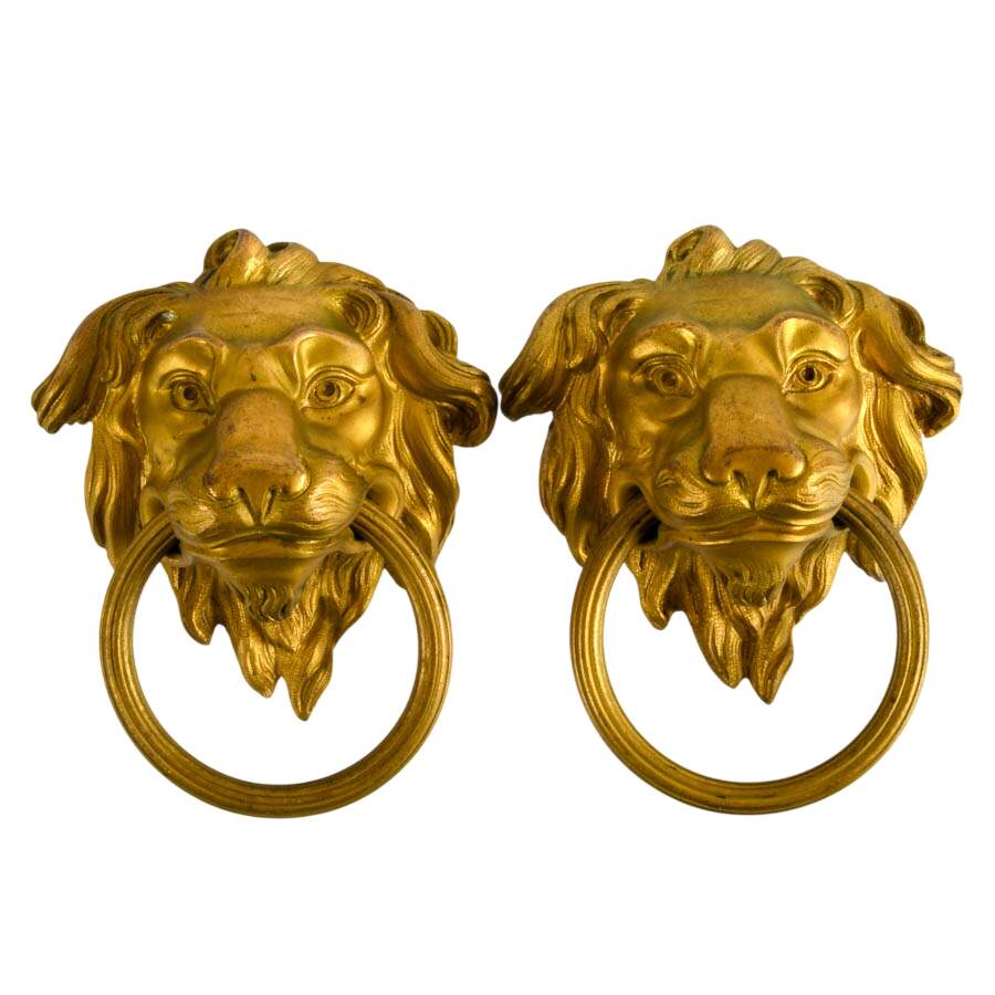 Pair of Gilded Bronze Lion Furniture Ornaments-1