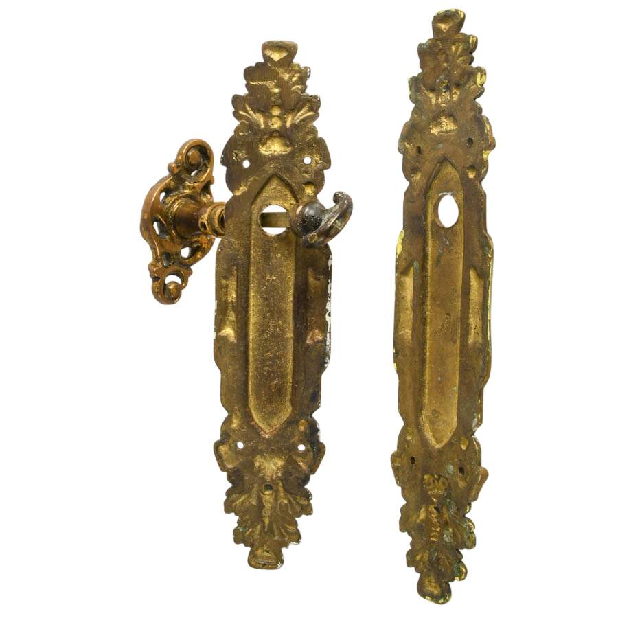 Pair of Vintage Ornate Portuguese Bronze Door Plates with One Knob-6