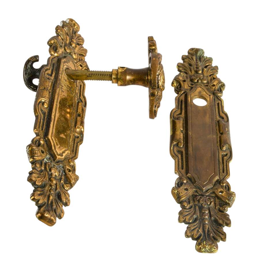 Pair of Vintage Ornate Portuguese Bronze Door Plates with One Knob-5